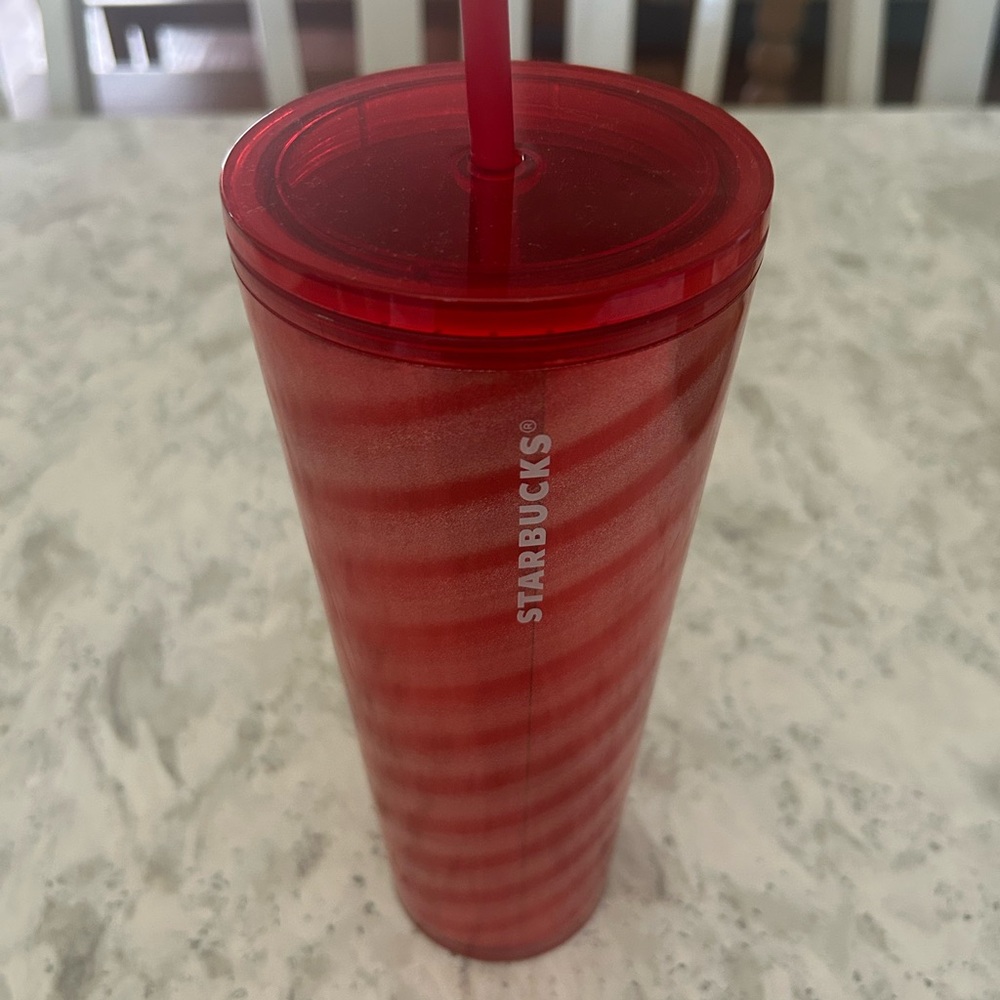Starbucks Red Ombre Striped Tall Tumbler with Matching Lid and Straw